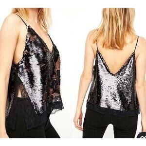 Free People Intimately Swinging Surplice Black Gold Sequin Camisole S Lace Fairy